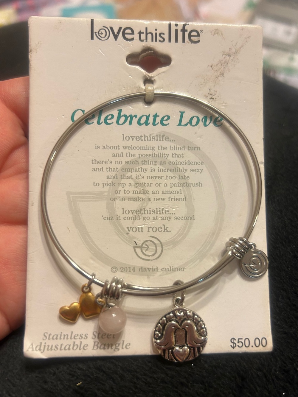 Love This Life Celebrate Love Stainless Steel Adjustable Charm Bangle Bracelet